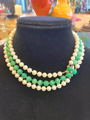 Vintage Ciner Signed Three Strand Pearl And Jade Necklace And Earrings Set • $699