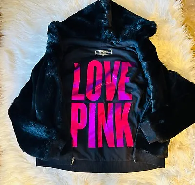 Victoria’s Secret PINK Limited Edition Runway Black Faux Fur Hooded Jacket SZ L • $99