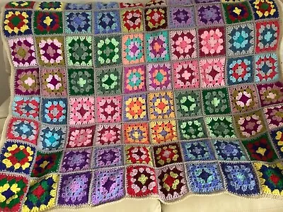 New Handmade Traditional Vintage Style Bright Granny Square Crochet Blanket • £22