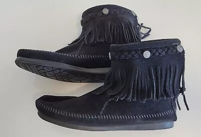 Minnetonka Black Leather Fringe Zip Ankle Boots Moccasins Women’s Size 8 • $45