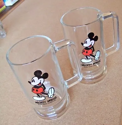 2 - Walt Disney Productions Mickey Mouse Glass Handled Tankard Steins Mugs  • $32