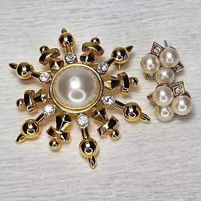 Marvella Gold Faux Pearl Rhinestone Starburst Snowflake Brooch Pierced Earrings • $14