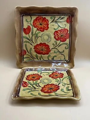 Maxcera Style Decorative “Poppy” Poppies Ceramic Square Plates 9” & 11  Set Of 2 • $12