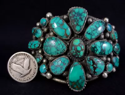 Vintage Navajo Bracelet - Sterling Silver And Turquoise - Cluster - 88g=3.1oz • $529