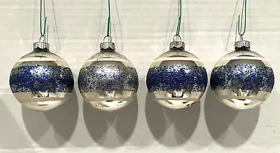 Vtg. Christmas Shiny Bright Navy Glitter Stripe  Mercury Ornaments Lot/4 Mcm • $24.95