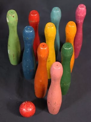 $23.99 • Buy Vtg Wooden Bowling Set Game Pins Ball Lot Children's Multi Color 5.25 Estate