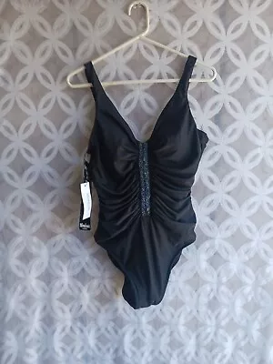 Miracle Suit Nwt 16 One Piece  Embellished Black Ruched Self Lined • $39.99