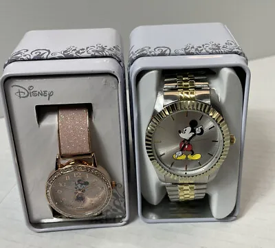 Two New In Watch Tins Disney Accutime Mickey & Minnie Men And Women Watches  • $29.49