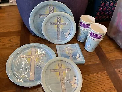 Blue Religious Baptismal Communion Christian Paper Plates Cups Napkins • £11.56