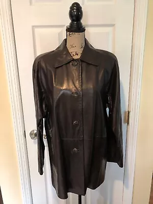 Ellen Tracy Women’s 100% Leather Jacket Coat Brown Button Front Size Medium • $59.99