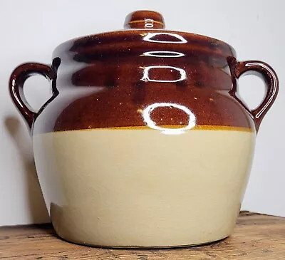  Vintage Monmouth Pottery Western-Mark Stoneware Lidded Crock In Brown & Beige  • $16.95