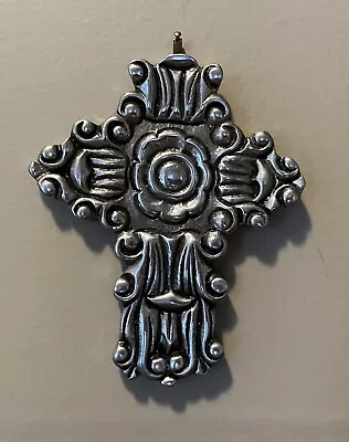 Vintage Mexican Ornate Folk Art Cross Silvertone Metal 6  Signed 903 A La Carte • $20