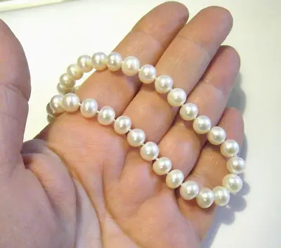 Vintage Genuine White 8mm Fresh Water Pearl Necklace Hand Knotted 14k Gold Clasp • $75