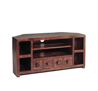 £329.99 • Buy Modern Solid Dark Mango Wood 2 Shelves With 4 Small Drawers Corner TV Media Unit
