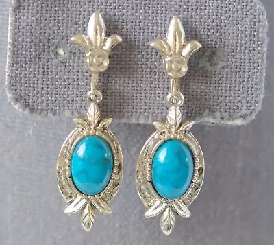 Vintage Art Southwestern Style Blue Lucite Turquoise Silver Clip On Earrings • $7