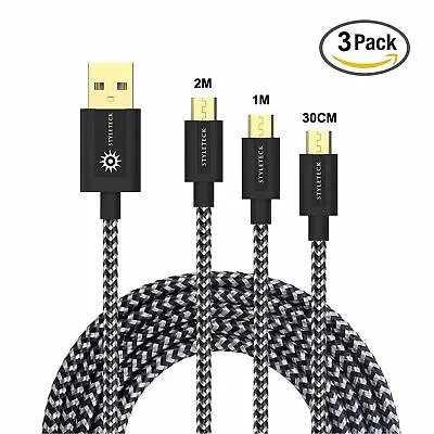 Micro USB Cable Braided Fast Charger Charging Data Lead Samsung Android - 3 Pack • £6.29