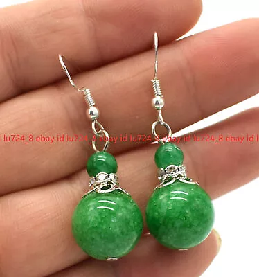 100% Natural 6+14mm Green Jadeite Round Gemstone Beads 925 Silver Hook Earrings • $2.69