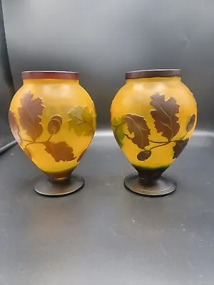 PAIR OF Cameo Orange Oak Leaves & Acorns GALLE Style Vase 7.5  Fall • £28.50