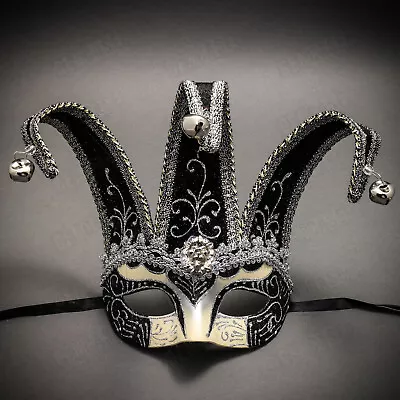 Mardi Gras Venetian Jester Joker Masquerade Party Eye Mask W/ Bells Silver Black • $27.99