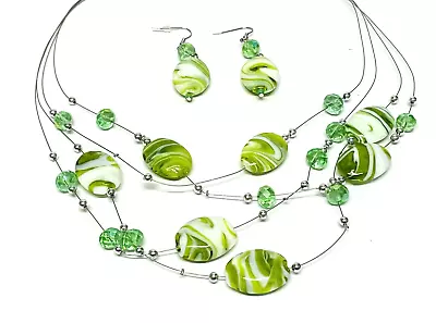 BEADED NECKLACE Green White Glass Murano Layered Beads  **NEW** SO PRETTY! • $1.99