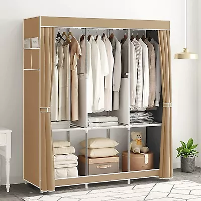 Large Canvas Wardrobe With Hanging Rail Shelving Fabric Clothes Storage Cupboard • £22.99