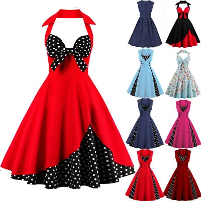 Ladies 1940s 50s Vintage Polka Dot Rockabilly Evening Prom Swing Dress Plus Size • $37.73