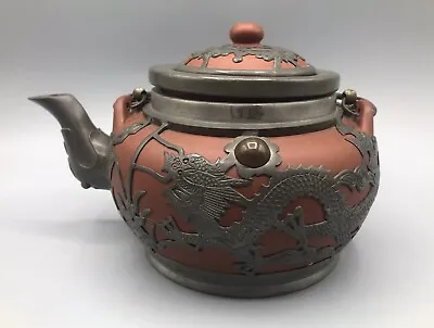 Chinese Yixing Teapot With Pewter Dragon Overlay • £80