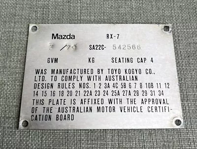 Mazda Rotary 1979 Rx7 Coupe Sa22c Serie 1 Genuine Id Tag!! For Display • $99.99