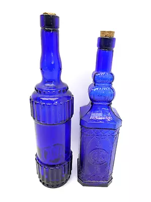 Vintage Cobalt Blue Decorative Embossed Wine Bottles Ribbed Corked • $52