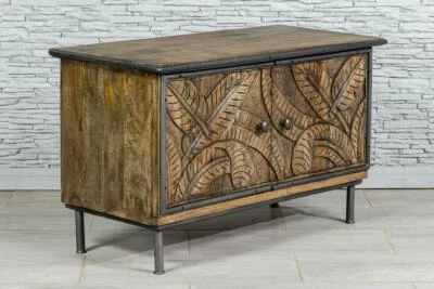$509.15 • Buy MADE TO ORDER Small Wood Shoe Rack Cabinet Carved Doors Metal Frame Natural Tone