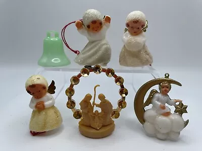 3 Vintage Plastic Sugar Angel Ornaments Brass Wings Germany + Nativity Cloud Lot • $38.88