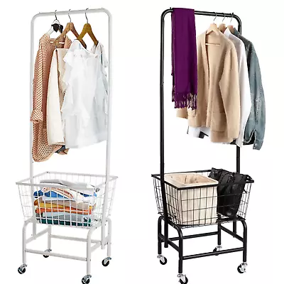 $76.99 • Buy Lusimo Adjustable Laundry Rolling Cart W/Removable Basket Pole Rack Black White
