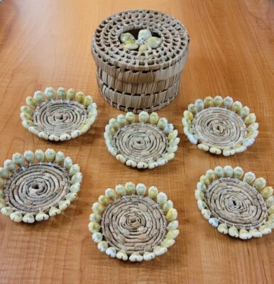 $20 • Buy Vintage Hawaiian Tiki Puka Shell Woven Raffia Coaster Set Luau Party Décor