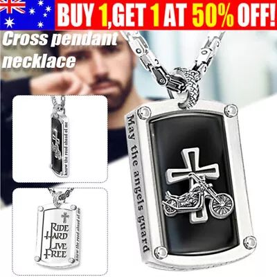 Biker's Blessing Engraved Pendant Necklace For Men Cross Neck Chain Jewelry Gift • $10.29