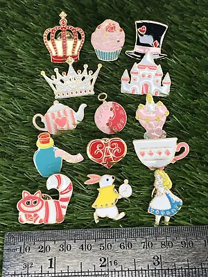£11.95 • Buy Set 14 Alice In Wonderland Enamel Brooch Pins Badges Cheshire Cat Mad Hatter