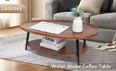 Zedesey 2-Tier Coffee Table Water-Shaped Wood Center Table Mid Century Oval • $49.50