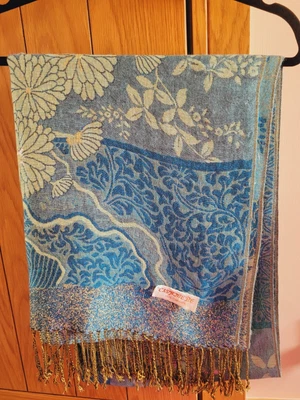 £7.99 • Buy Luxurious Designer 100% Cashmere Scarf Blue Glitter Flowers 70  X 27  Shawl Wrap