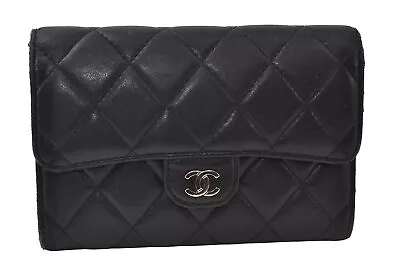 Authentic CHANEL Lamb Skin Matelasse Bifold Wallet Purse Black CC 9596I • $120.50