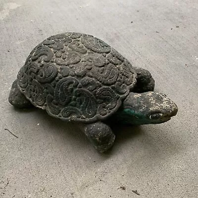 Vtg 10” Turtle-Concrete Cement Garden Statue-Ornate Shell-Old Chippy Green Paint • $120