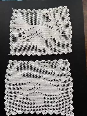 2 Matching Vintage Doilies 12 X 10  White Handmade Crocheted Cotton • $8.99
