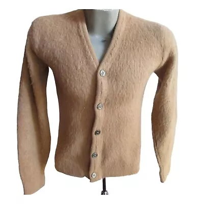 Vintage Campus Mohair Cardigan Sweater Shag 1970's Mens X-Small XS Tan USA • $46.11