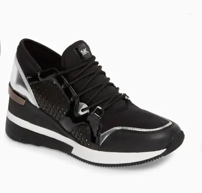 Michael Kors Black Scout Trainer Scuba Leather Wedge Sneaker Star Design Size 9 • $99