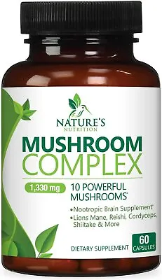 Mushroom Complex Supplement Capsules - 10 Mushrooms Lions Mane Reishi Chaga • $13.12