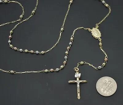 $319 • Buy 10k Solid Yellow Gold Colored Beads Rosary Virgin Mary Jesus Cross Necklace 18 