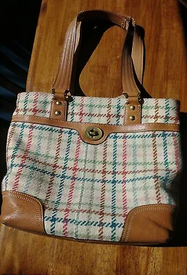 Coach Tan Hampton Plaid Tatterall Wool Leather Tote Carryall Bag Purse 13985 • $28