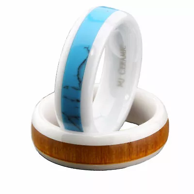 White Ceramic Wedding Band Choose From Koa Wood Or Turquoise Inlay Unique Rings • $16.99