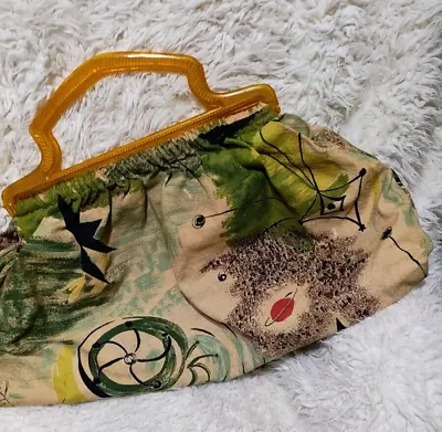 Vintage Knitting Bag With Abstract Pattern Fabric & Plastic Handles • $34