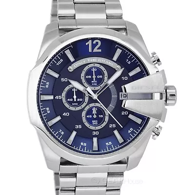 DIESEL Mega Chief Mens 51mm Chronograph Watch Dark Blue Dial Stainless Steel • $119.80