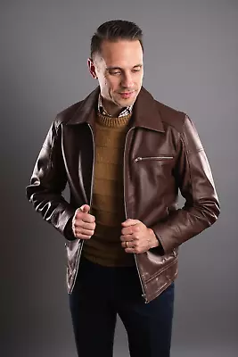 Brown Leather Racer Jacket For Men Biker Moto Size XS S M L XL XXL Custom Made • $147