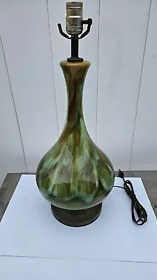 Vintage Mid Century Modern Drip Glaze Pottery Table Lamp Green Orange Brown • $125